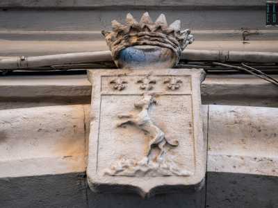 ...un levriero con una corona e al di sopra tre gigli scolpiti 